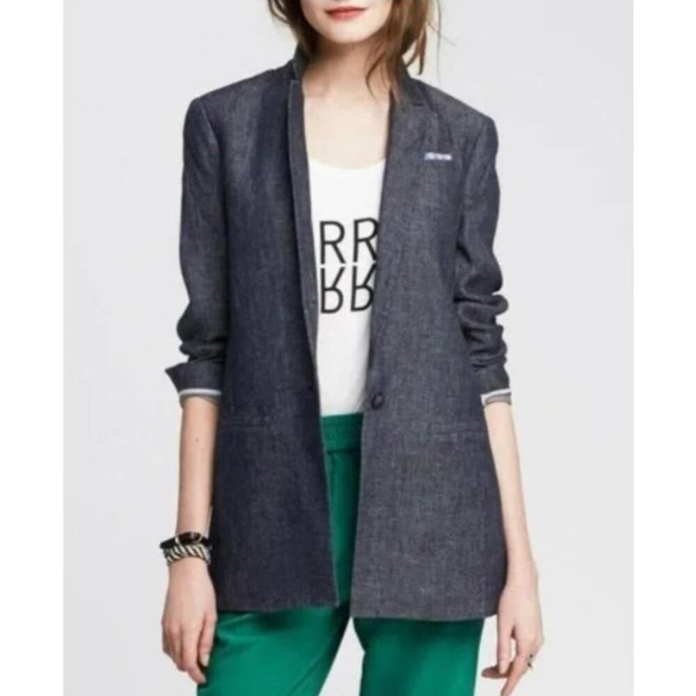 EUC Women's BANANA REPBULIC One-Button Linen Blazer Chambray | Size 14